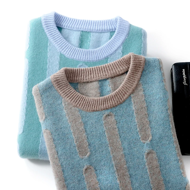 Autumn And Winter New 100 Wool Round Neck Color Matching Thickened Casual Loose Sweater Pullover Cashmere Knitting Bottoming