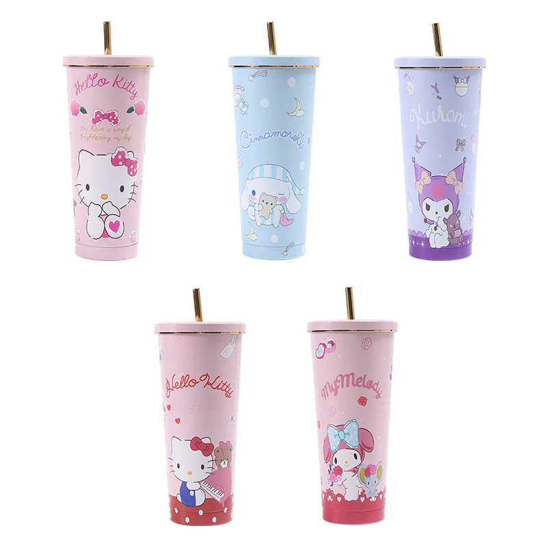 750ML Sanrio Anime Hello Kitty Thermos Cup Kawaii Kuromi My Melody Insulation High Capacity Girls Portable with Straw Coffee Cup