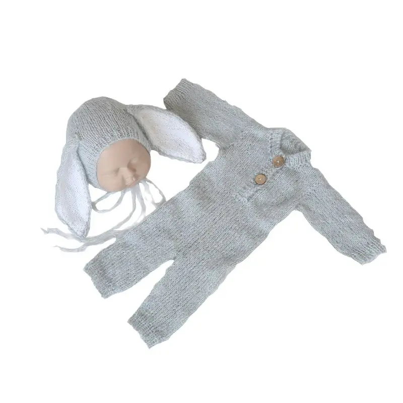 New Hooded Romper Baby Big Ear Rabbit  Hat and Jumpsuits Outfit Newborn Mohair Overall Photography Props