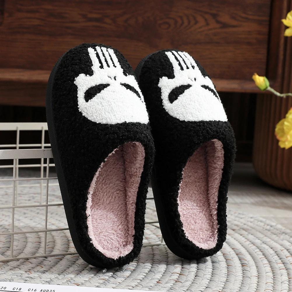 Halloween Skeleton Plush Slippers Closed Toe Slippers Comfortable Flat Thermal Cotton Non-Slip Fuzzy Skull Slippers for Winter