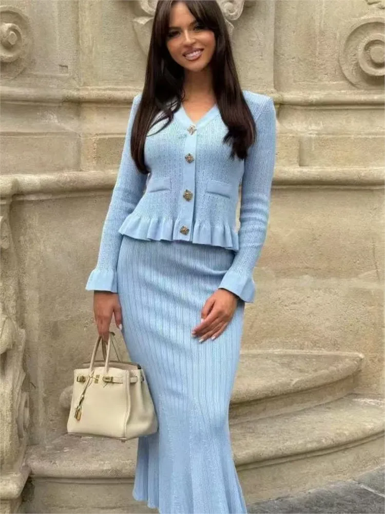 

Two Piece Set For Women Elegant Autumn Long Sleeve Cardigans Long Pencil Skirt Suits Knitting Pullovers Fishtail Mermaids Skirt