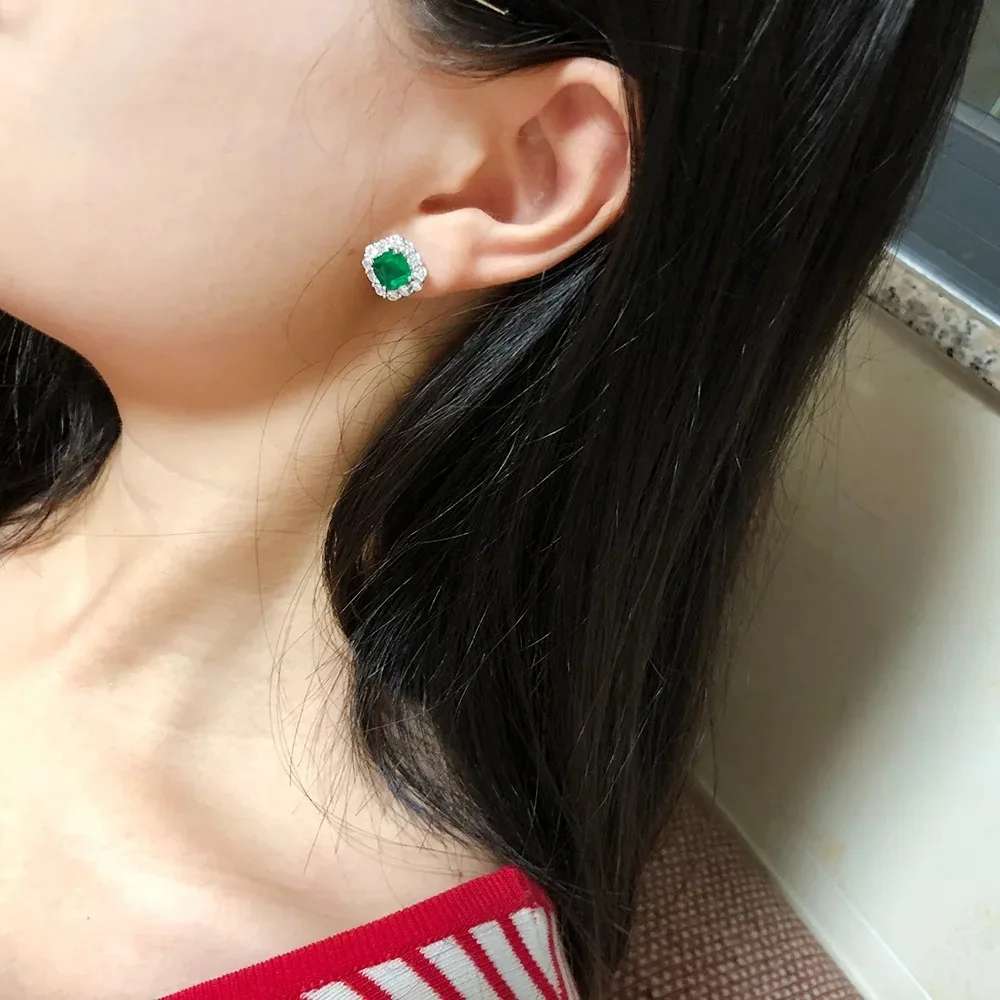 100% 925 Sterling Silver 7*7MM Asscher Cut Emerald High Carbon Diamond Gemstone Vintage Ear Studs Earrings  Fine Jewelry Party