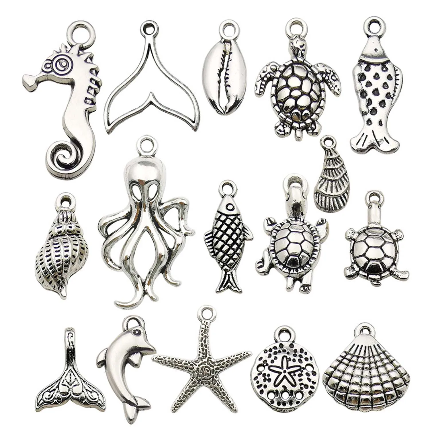 16/20/30pcs Marine Life Charms Alloy Starfish, Shell, Turtle, Fish, Octopus Pendants for DIY Jewelry Making Accessories