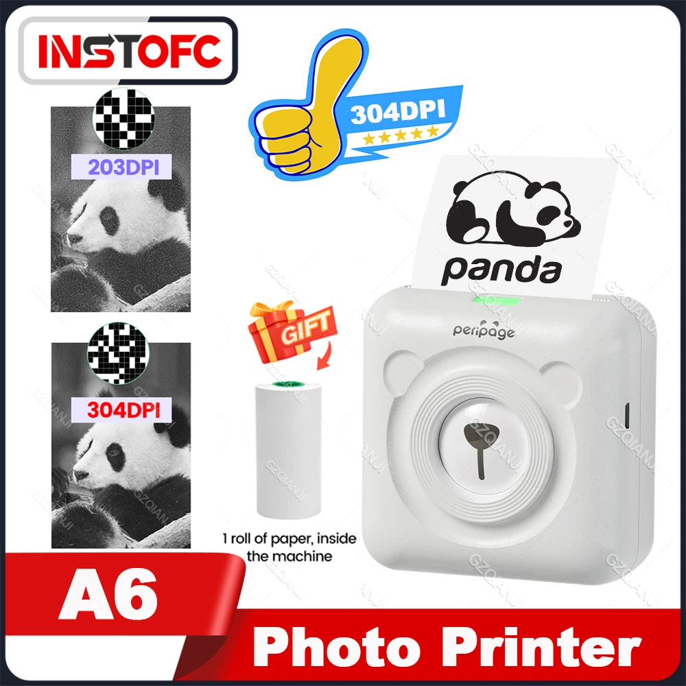 Peripage A6 Mini Photo Printer Portable Pocket Bluetooth Wireless Sticky Note Smart Phone Machine 304DPI HD Printing White Color