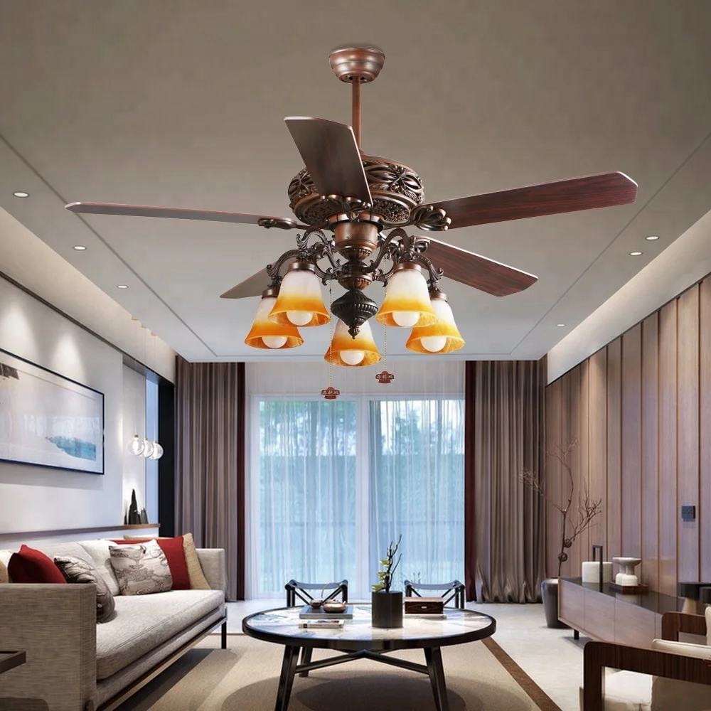 52 Inch Low Profile Classic Design Decorative Ceiling Fan Light With 5 Pieces Reversible Wood Blades+Pull Cord Control