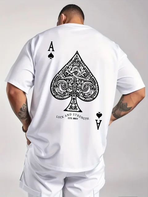 Summer men's 100% pure cotton casual sports loose oversized retro spade A printed comfortable round neck short sleeved T-shirt 2