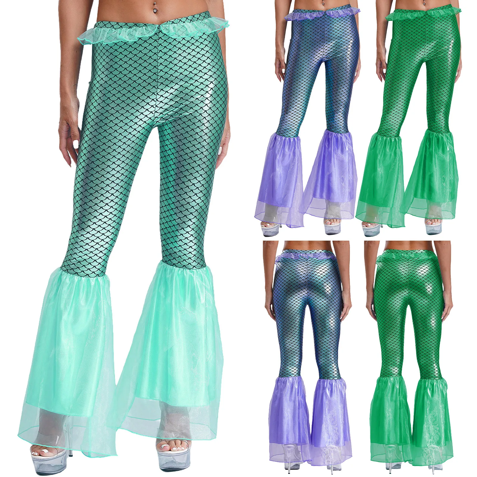 Pantalon évasé de sirène pour femme, impression d'écailles de poisson en organza, costume de cosplay d'Halloween, spectacle de fête à thème, fjMetallic