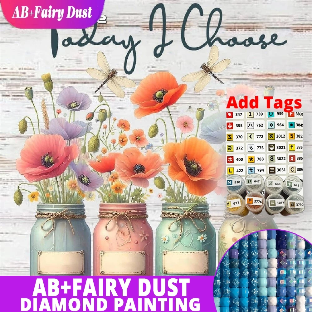 

AB Сказочная пыль, полная квадратная круглая алмазная живопись, бутылка с цветком мака, подходит для начинающих, сделай сам, мозаика, письмо, текст, домашний декор