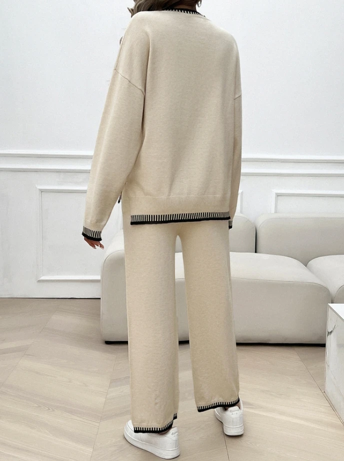 Korean Dongdaemun Women's Winter Sweater Set Casual Edge Collision Solid Color O-Neck Long Sleeved Loose Sweater Long Pants Set