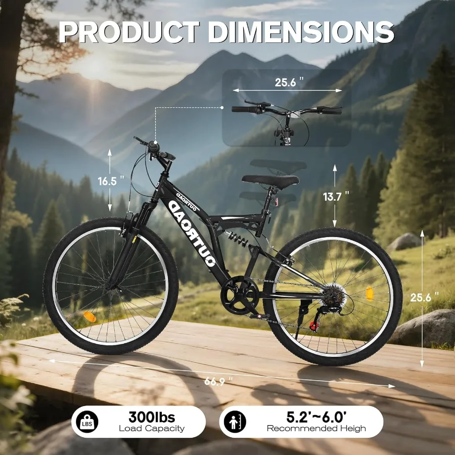 دراجة جبلية مزدوجة التعليق الكامل مقاس 26 بوصة و7 سرعات للرجال والنساء البالغين مع فرامل مزدوجة على شكل حرف V مثالية للمطارات على الطرق الوعرة والحضرية