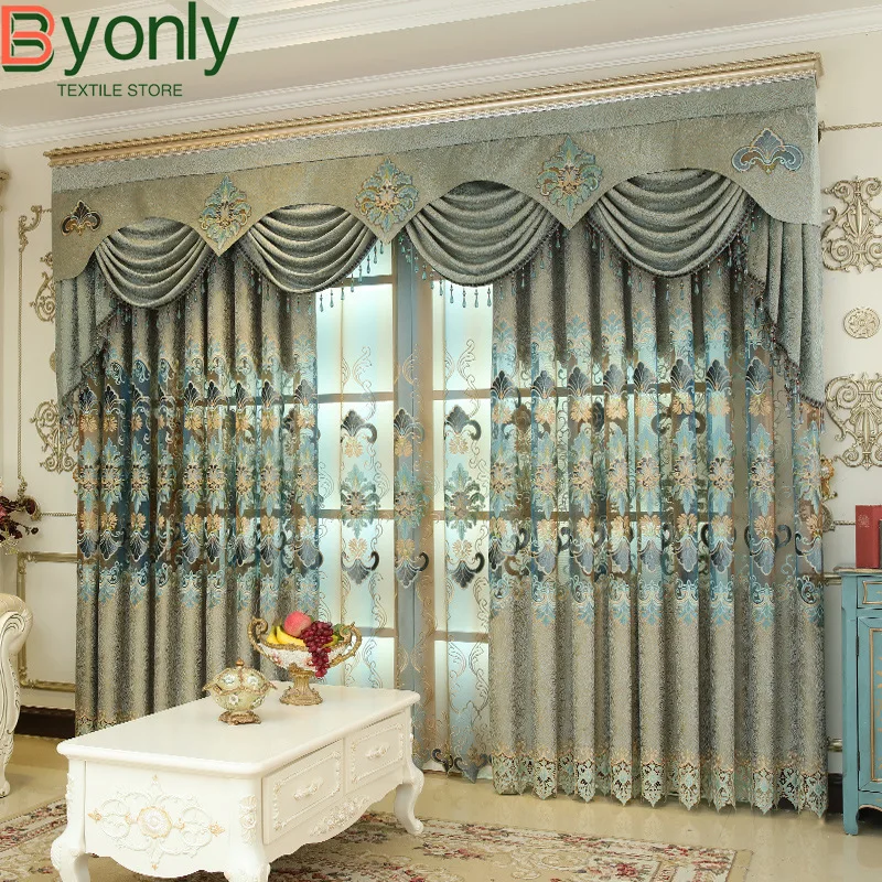 Water Green Water-soluble Embroidered Screen Hollowed Chenille Thickened Curtains for Living Room Bedroom French Window Villa