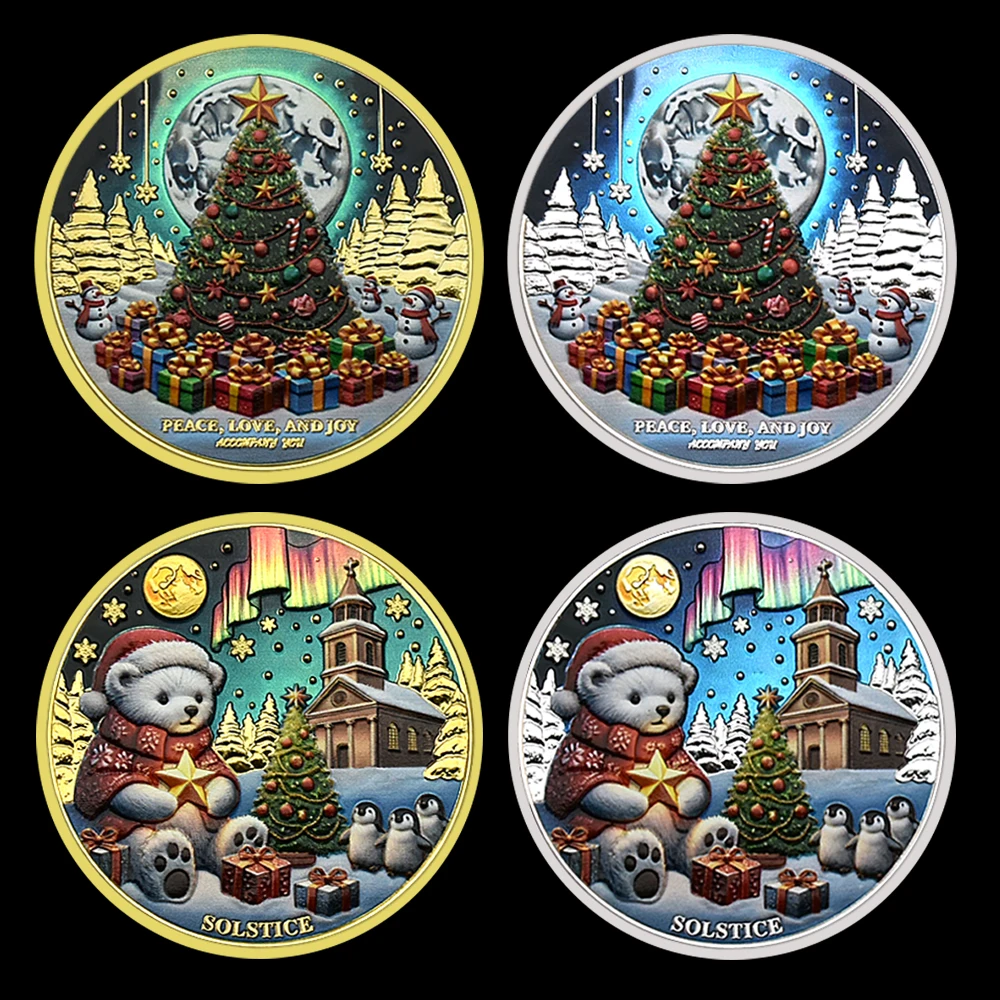 

2024 Christmas Commemorative Coin Gold/Sliver Plated Bear Christmas Tree Craft Decoration Happy New Year Peace Love and Joy Gift