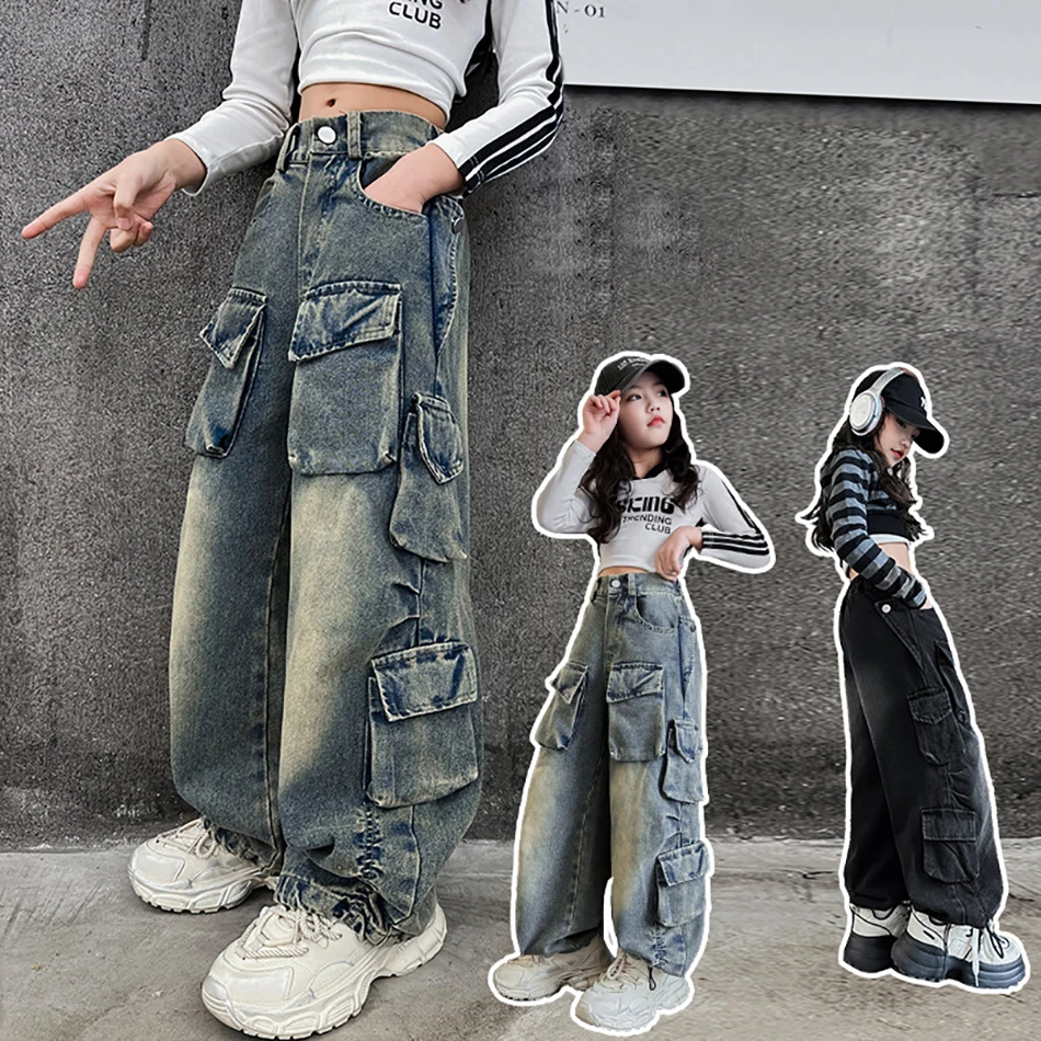 Girls Mid Weight Denim Jeans with Multiple Pockets Ideal for Hip Hop Performances and Active Play Suitable for Tweens Daily Wear