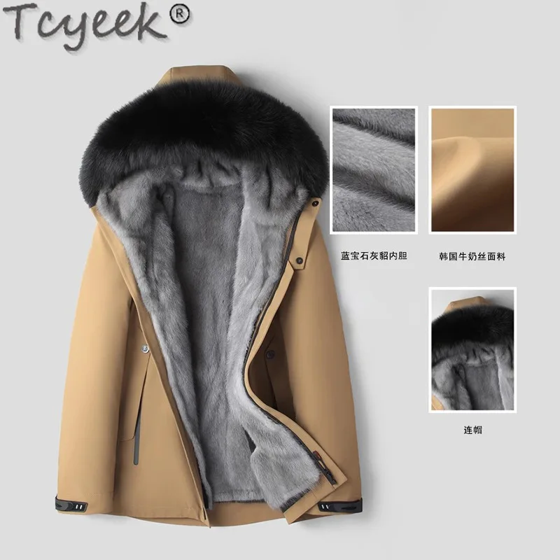 Tcyeek casaco de pele de vison natural roupas masculinas jaquetas de inverno meados de comprimento parka quente casacos de pele real homem gola de pele de raposa casaco masculino