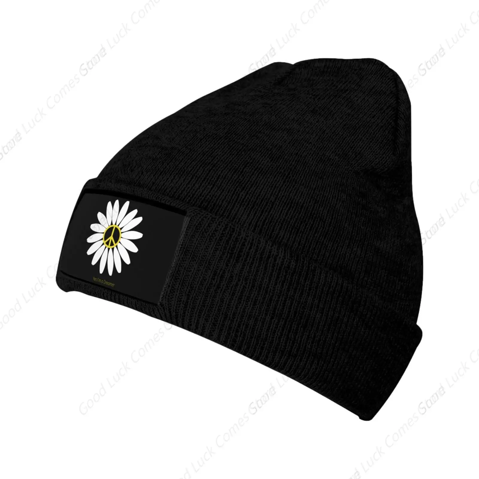 Unisex Daisy Peace Icon Positive Beanie for Men and Women Cuffed Plain Knit Hat Winter Soft Warm Beanies Hats Cap