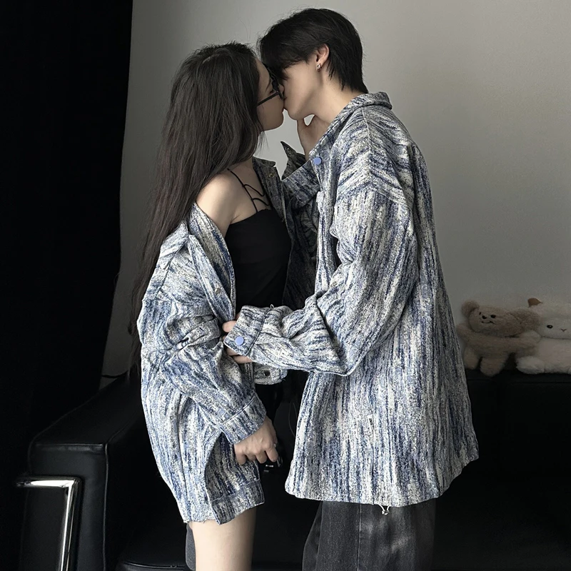 

Retro American Sle irt Jaet Youth Spring Autumn Flip Collar Trendy Brand Student Haome High End Couple's Jaet