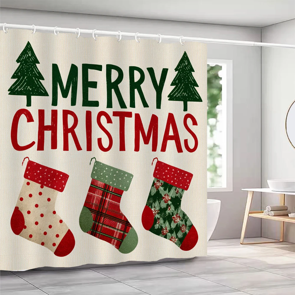 

Merry Christmas Shower Curtain with Hooks Christmas tree and Snowman Santa Claus Shower Curtain home for decoration Curtain