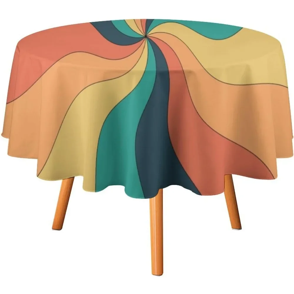 Retro Groovy Swirl Round Tablecloth Abstract 70s Boho Rainbow Mid Century Hippie Colorful Rotating Spiral Stripes Cover