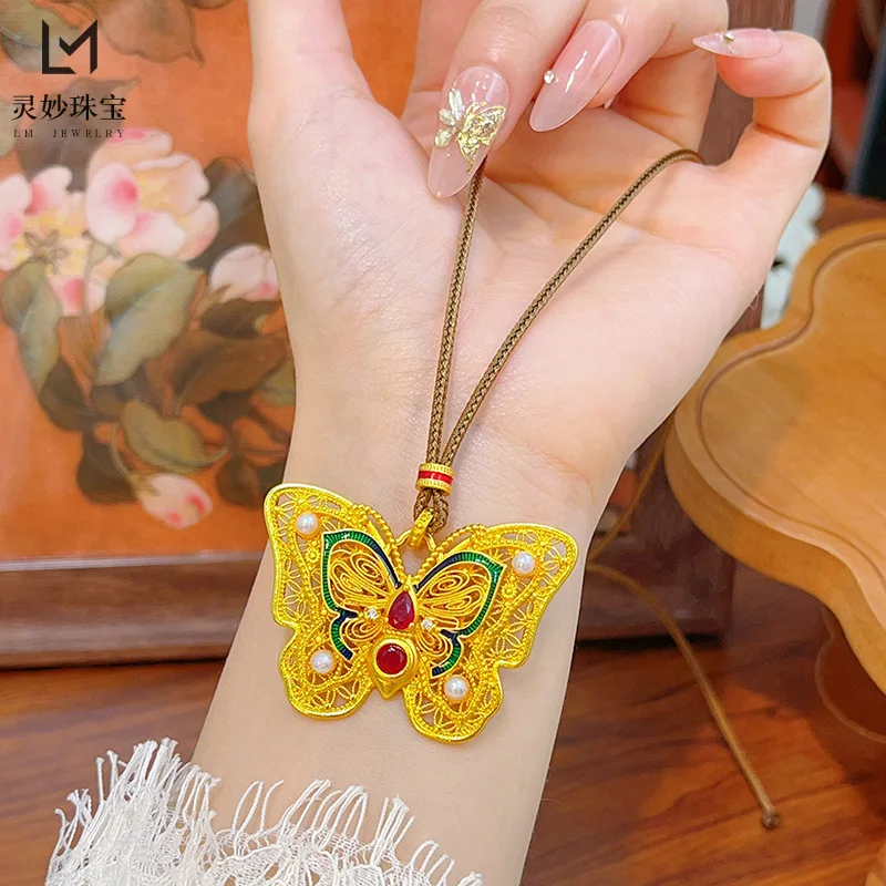 

Роскошные ювелирные изделия из настоящего золота 9999 24 карата с эмалью и рубином ​ ​ Подвеска с жемчужной бабочкой, красочное ожерелье с цветком и бабочкой, чтобы отправить подруге