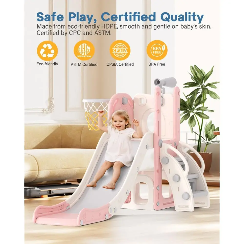6-in-1-Rutsche für den Innenbereich für Kleinkinder von 1–3, Kletterer-Spielset, Rutsche mit Basketballkorb und Teleskop, Outdoor-Spielplatz für Kleinkinder (Rosa)