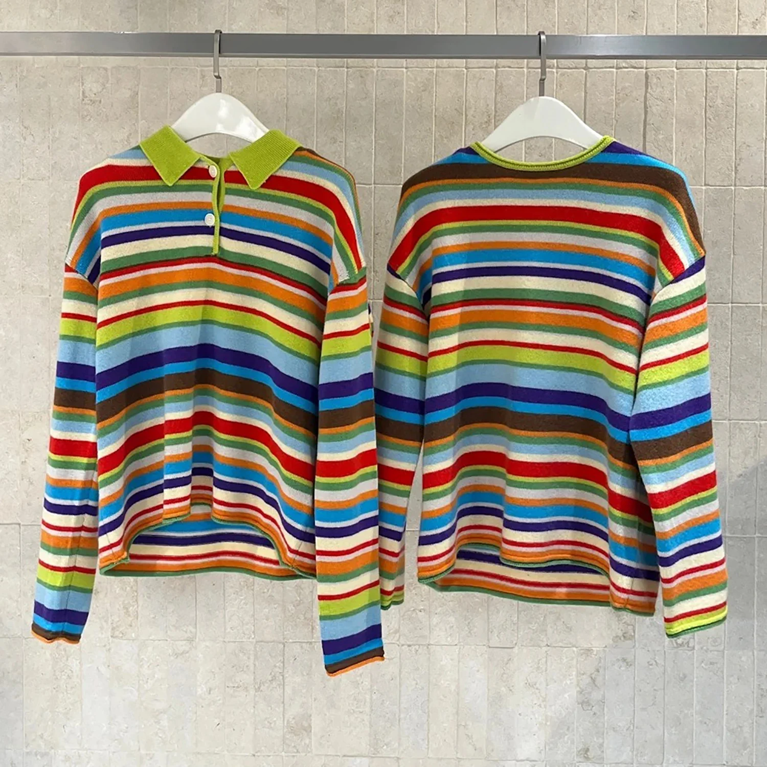 

Новинка: Женский свободный вязаный свитер с длинными рукавами и радужными полосками, повседневный, зимний, в стиле колор-блок, женский топ