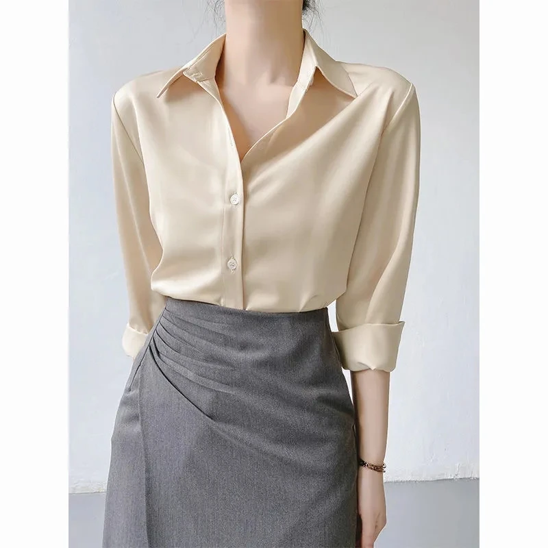 

Женская шифоновая драпированная блузка, осенняя новинка, однотонная, для офиса, профессиональная, многослойная, в корейском стиле, свободного кроя, с длинным рукавом