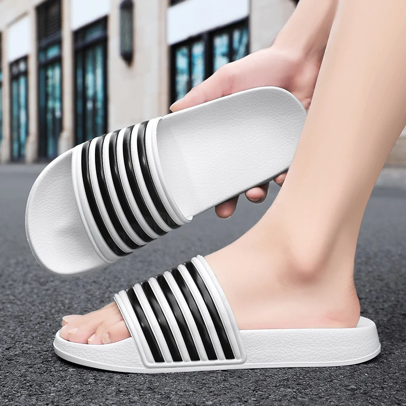 New Slippers Men\'s Summer Casual Shoes Beach Sandals Outdoor Comfortable Soft Sole Slippers Sizes 39-48 Black and White Striped