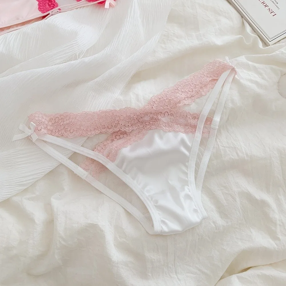 Cotton Crotch Low Waist Lace Panties Briefs Satin Silk Underwear for Women Bow Cross Belt Lace Briefs Girl