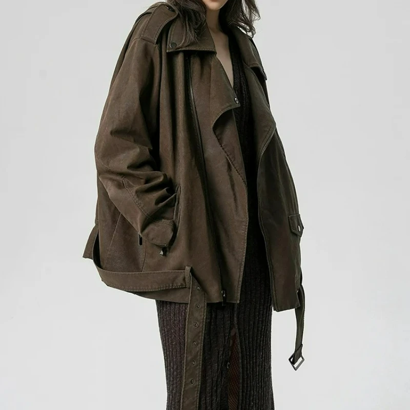 Spring Autumn Cool Handsome Oversized Distressed Brown Soft Pu Leather Biker Moto Jacket Women Luxury Designer Clothes