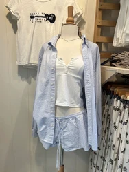 Blue Striped Blouse Shorts Set Woman Lapel Pocket Loose Shirt Drawstring Buttons Straight Short Pants Casual 2 Pieces Set Outfit