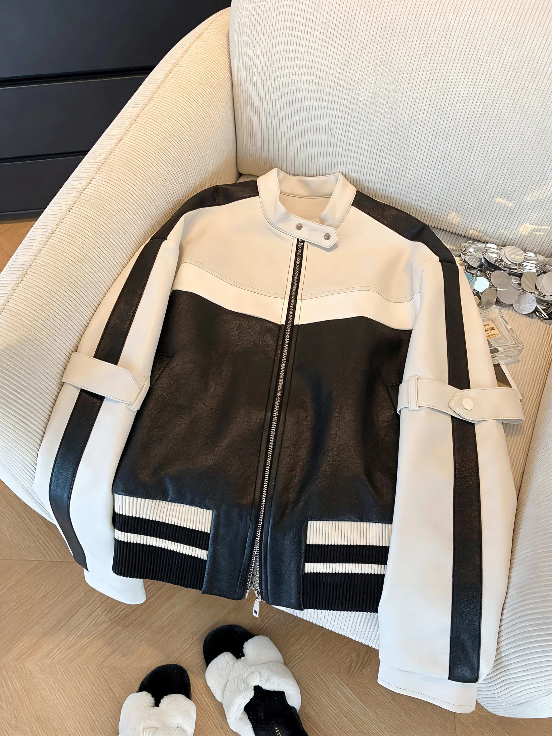 

Ретро-куртка в американском стиле с черно-белыми вставками, унисекс, весна-осень, модная мотоциклетная одежда