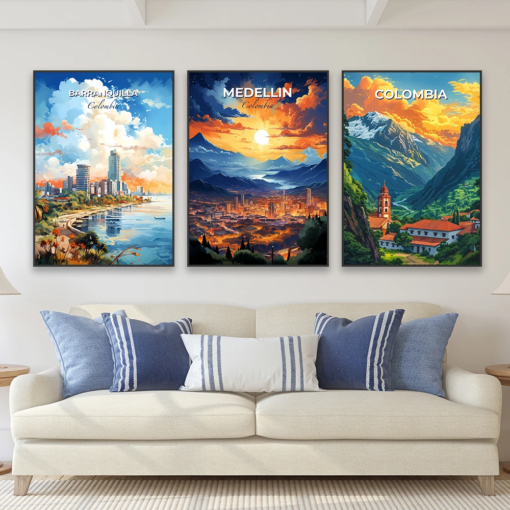 Travel Poster Colorful Medellin Colombia Skyline Oil Painting Print A City In The Mountains Landscape Canvas Painting Home Decor