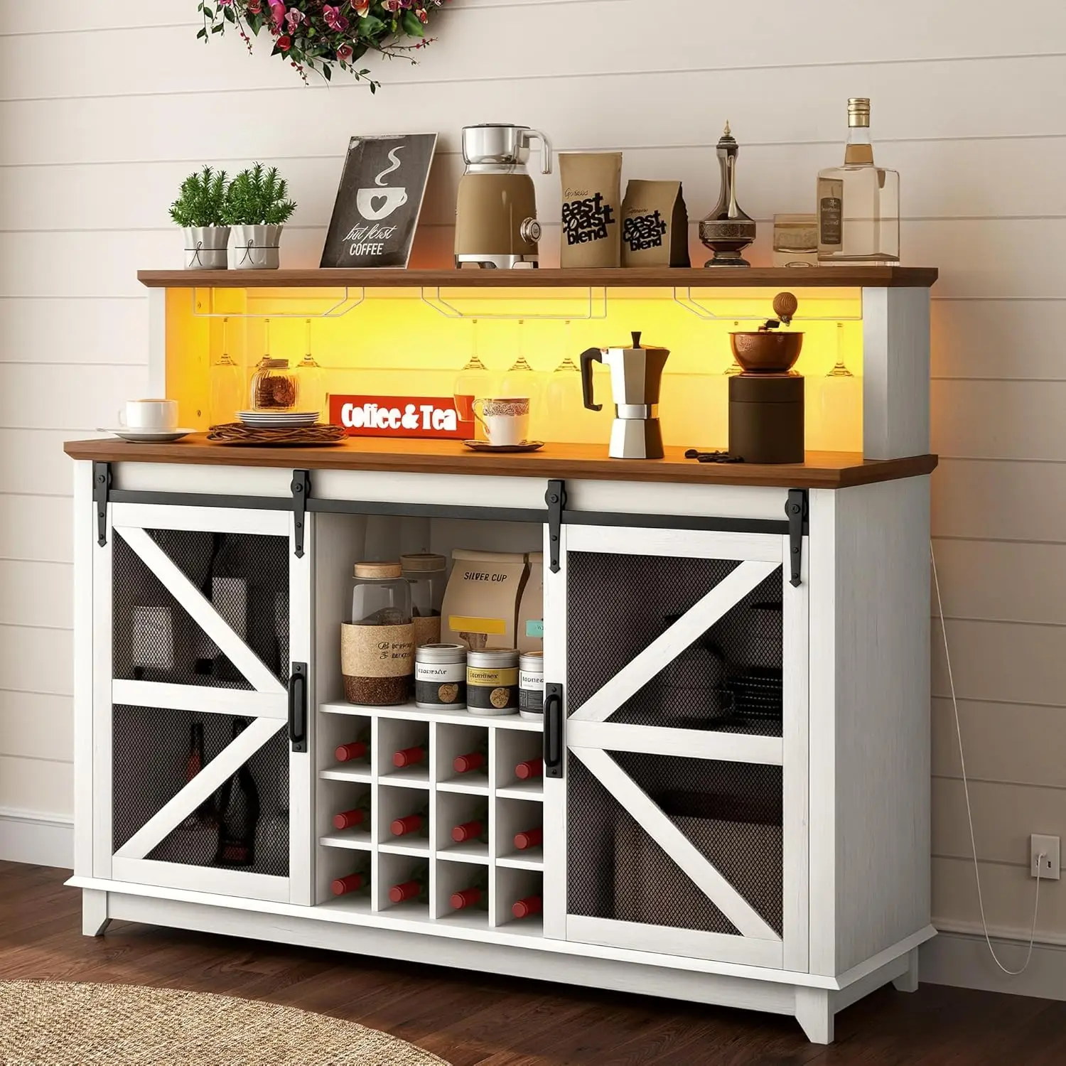 Smart LED Coffee Bar Cabinet 55in Wine Rack Glass Holder Sliding Mesh Door Kitchen Buffet Customized