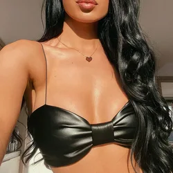 女性の弓の形をしたセクシーなタンクトップ,裸の背中の弓が付いた合成皮革のノースリーブトップ