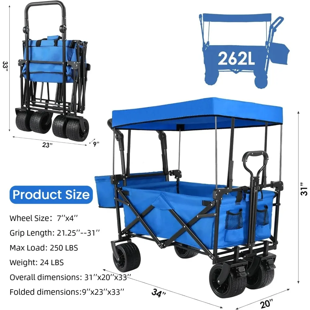 Heavy-Duty Extra Large Collapsible Wagon with Removable Canopy, 250lbs/262L Capacity, Foldable Garden Cart with Rear Storage for