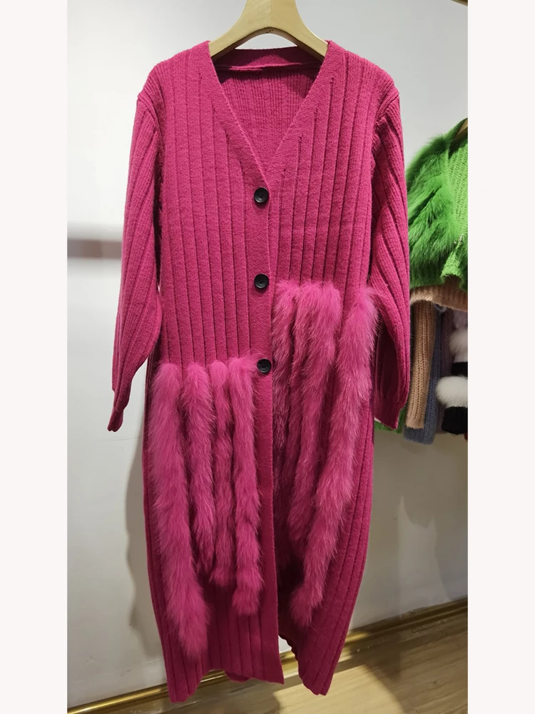 Women Special Autumn Real Fox Fur Knitting OverSize Long Coat Fox Fur Cardigan Lady\'s Fashion Spring Long Sweater Length 110cm