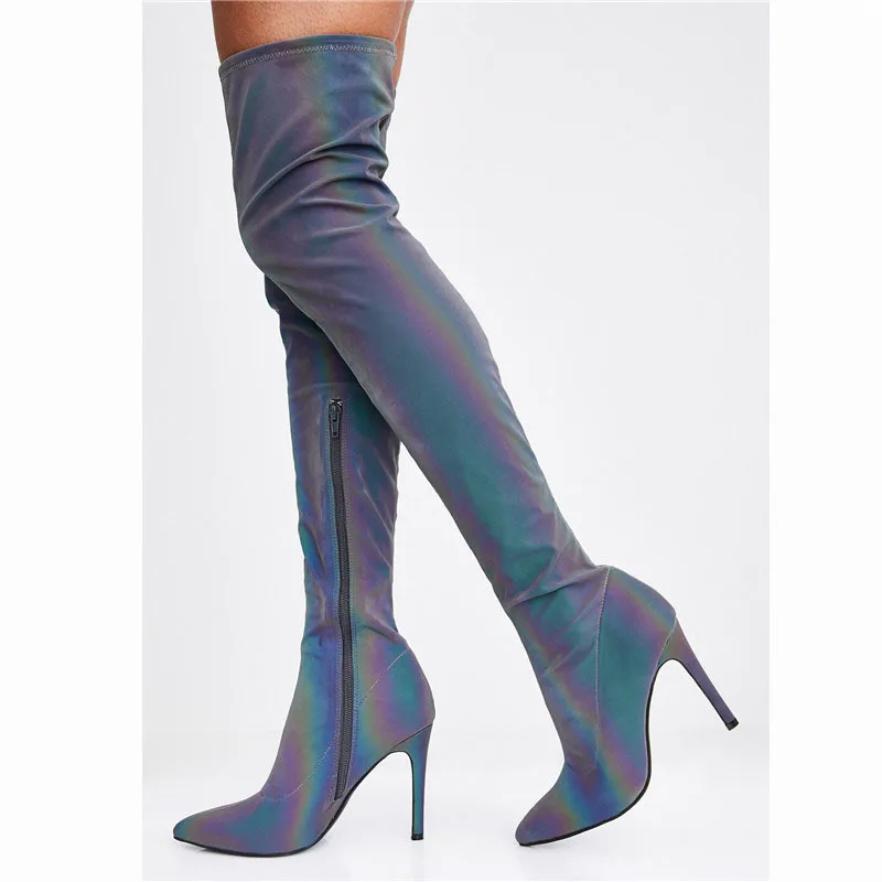 Colorful Contrasting Color Over-The-Knee Elastic Boots Pointed Tip Thin Heel Heightened Thin Boots Large Size Sexy Women's Boots