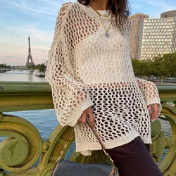Sexy Through Hollow Pullovers Women 2025 New Summer Korean Casual Loose Knit Sweater T-shirt Y2K Streetwear Fashion Retro Tees