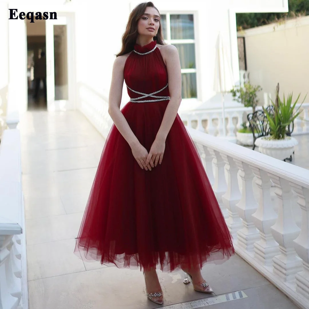 

Eeqasn Simple Dark Red Halter Prom Dresses A Line Tulle Sequin Tea-Length Homecoming Dress Formal Wedding Party Bridesmaid Gowns