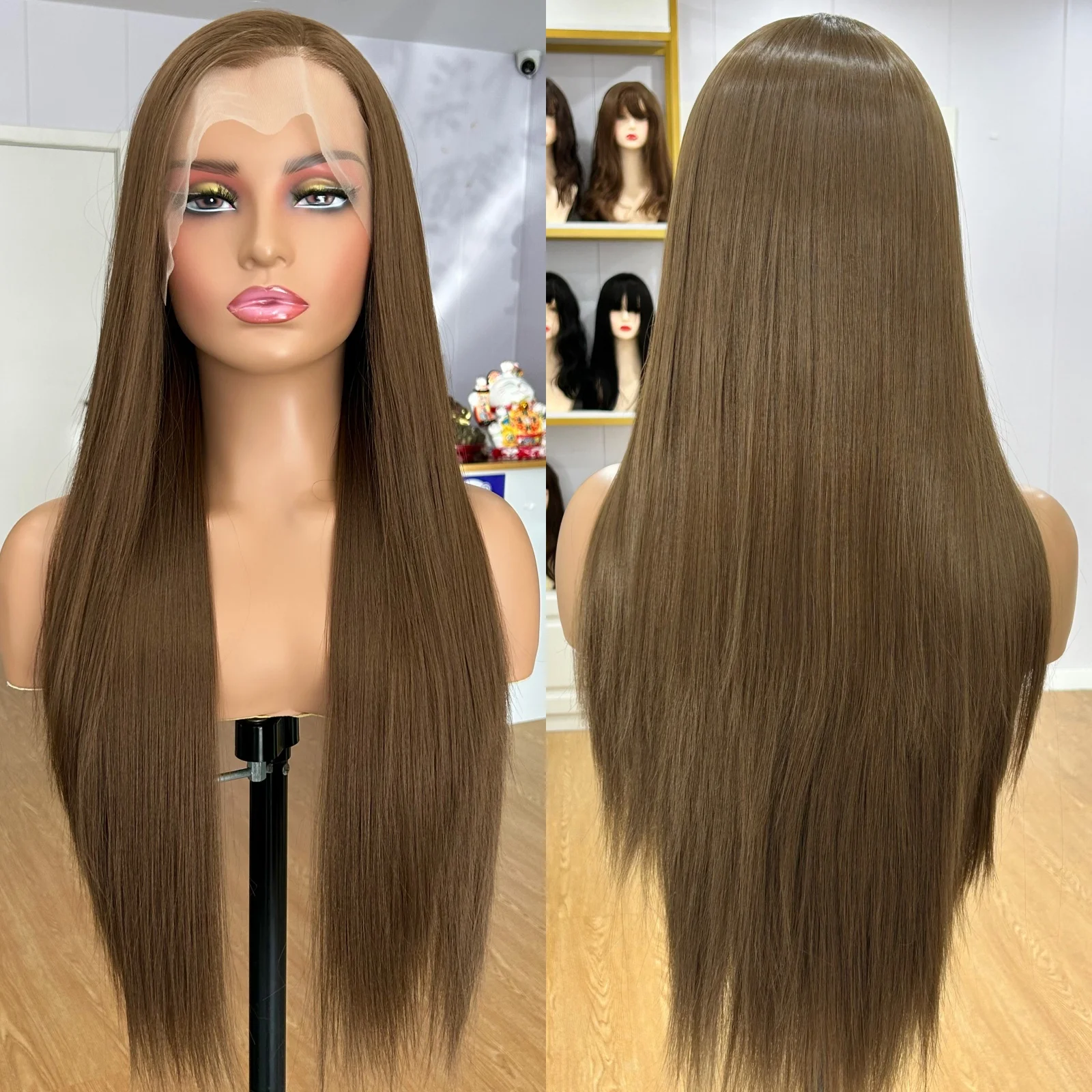 Teal Brown Long Silky Straight Synthetic Lace Front Wig Free Part 13X4 Lace Frontal Natural Wigs for Women Daily Party Cosplay