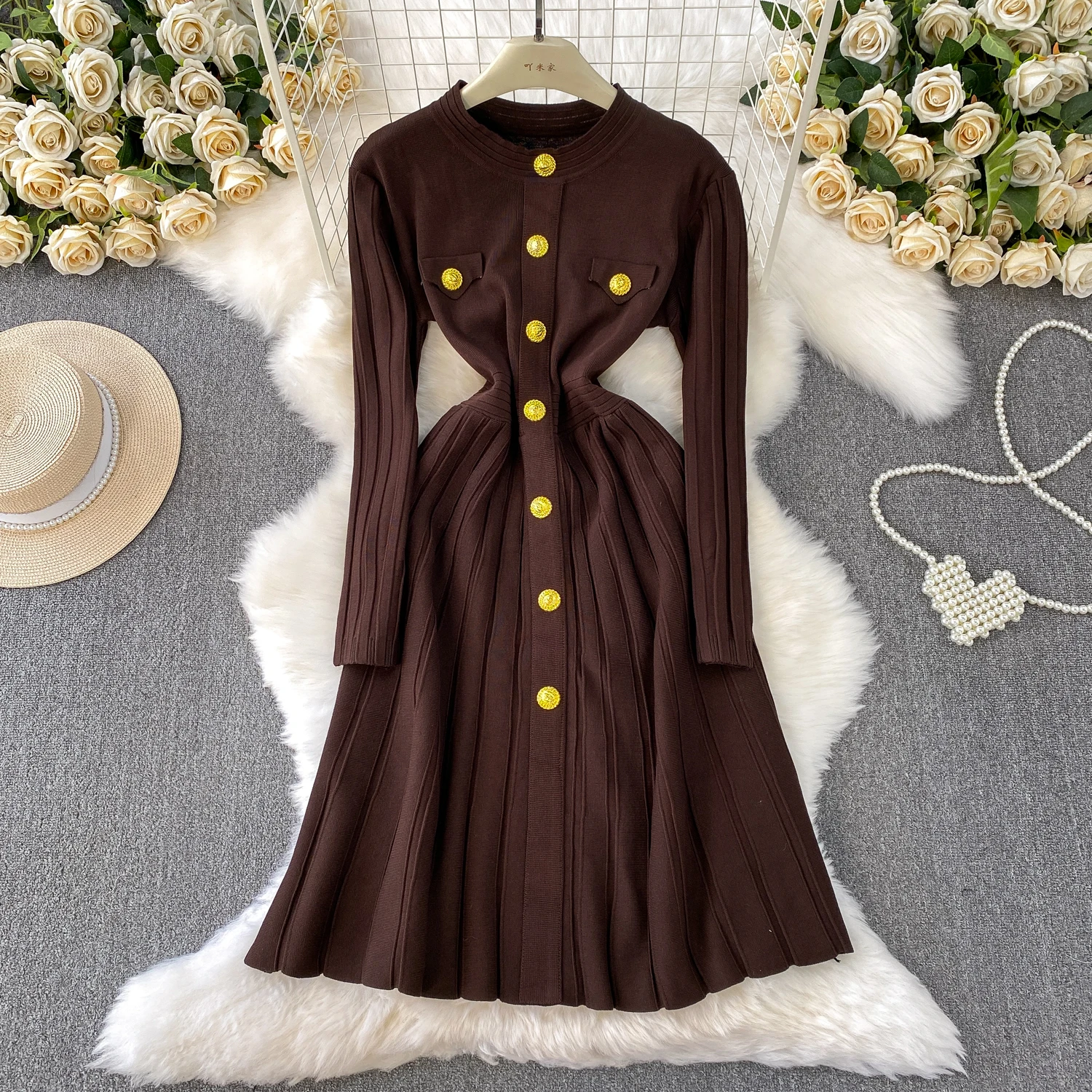 Ele malha longa dr com metal bule redondo ne fino ajuste a linha camada base para mulher outono inverno cintura alta