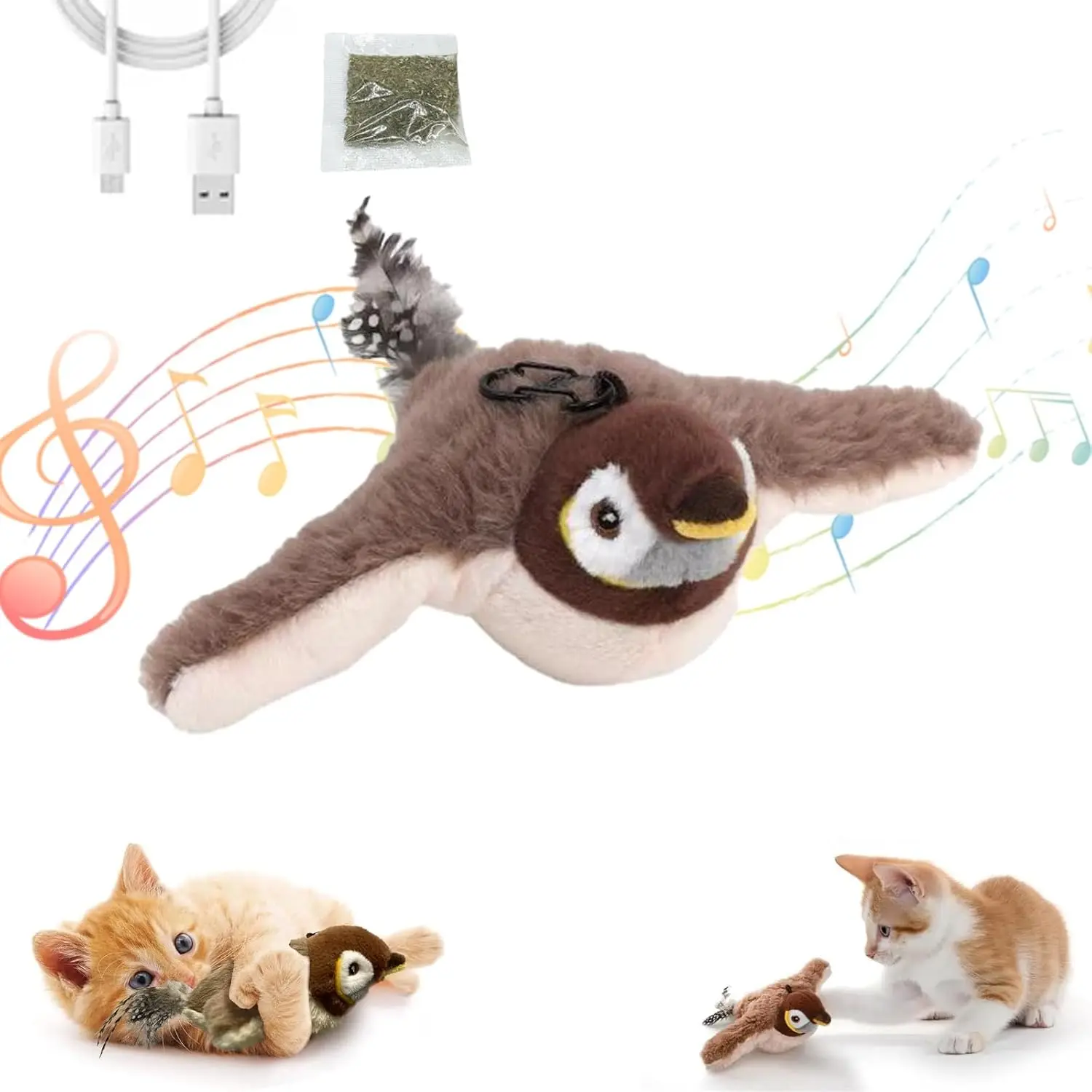

Interactive Cat Toys Rechargeable Chirping Flapping Wings Bird with Catnip Indoor Cats Touch Activated Squeak Plush Toy for Pet