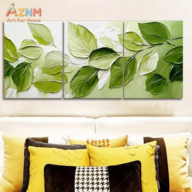 AZNM 3D Textured Green Leaf Impasto Canvas Wall Art, Modern Minimalist Botanical Oil Painting Print Poster, Unframed Single Piec view 6