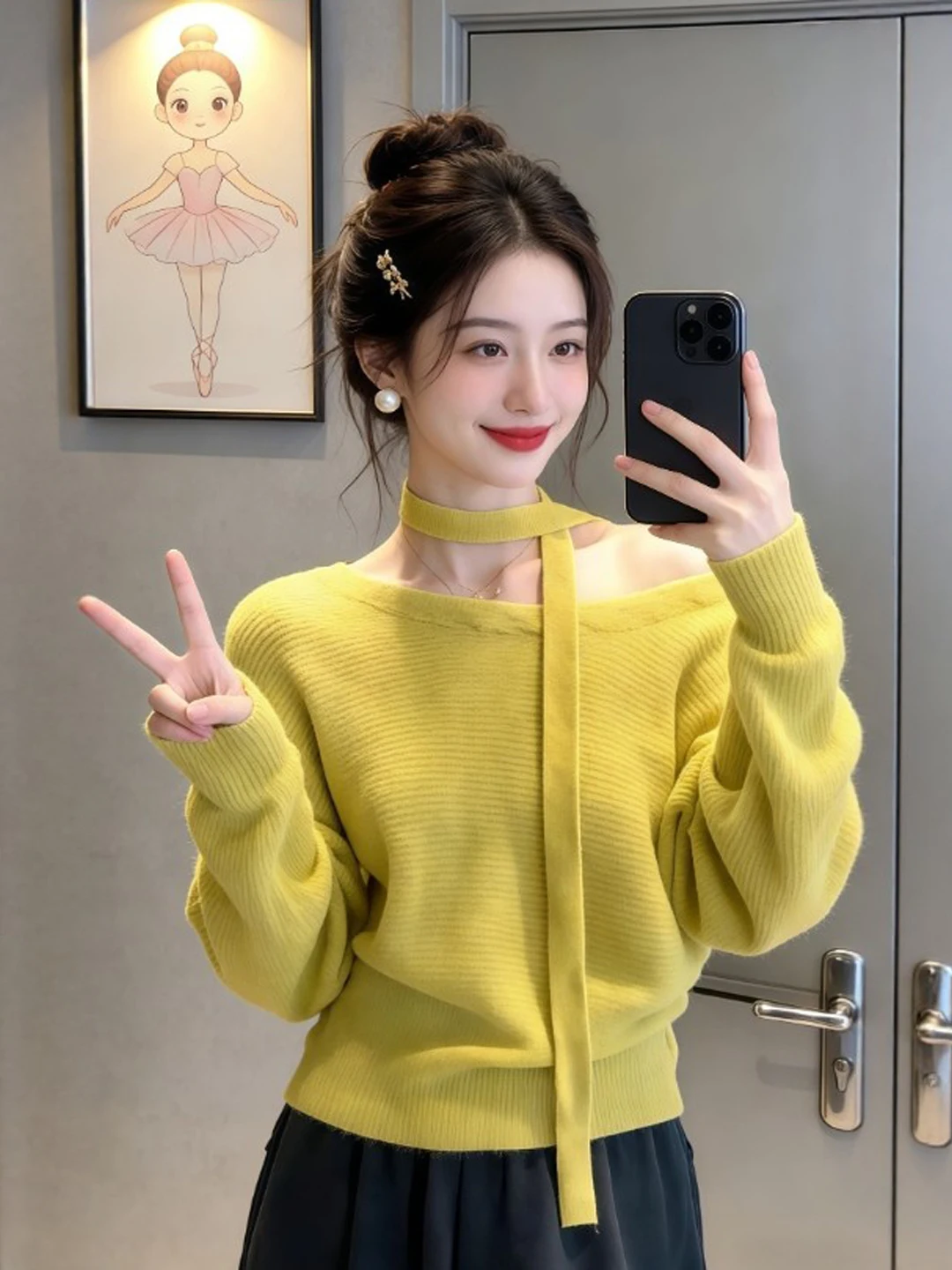 

Unique Slant Shoulder Long Sleeve Knitted Sweater Gentle Style Fashionable Top for Spring City Walk Countryside Hiking Travel