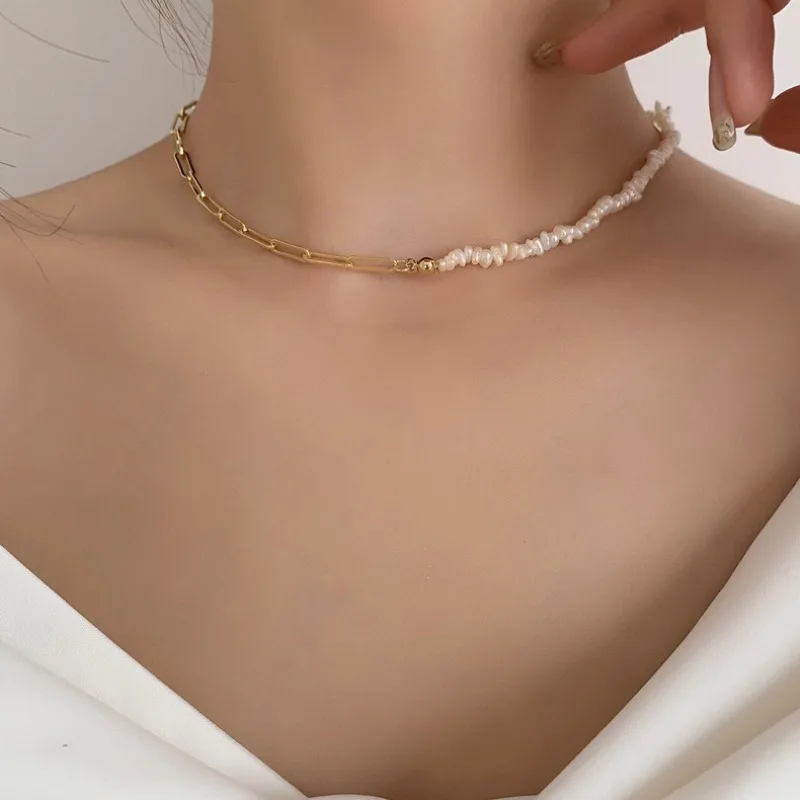 

Minar Delicate Irregular Freshwater Pearl Hollow Paperclip Chain Splice Beaded Necklaces for Women 14K Real Gold Copper Chokers