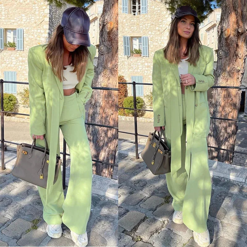 

Chic Fashion Women Green Suits Custom Made Notched Lapel Loose Over Size Blazer Streetwear Outdoor Casual Daily Coat 2 Pieces