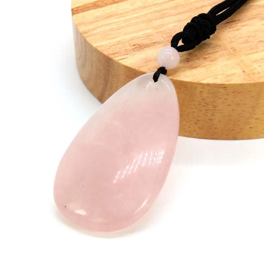 Crystal Teardrop Necklace Natural Rose Pink Quartz Water Drop Stone Pendant Rope Chain Necklace For Women Men Girls Jewelry Gift