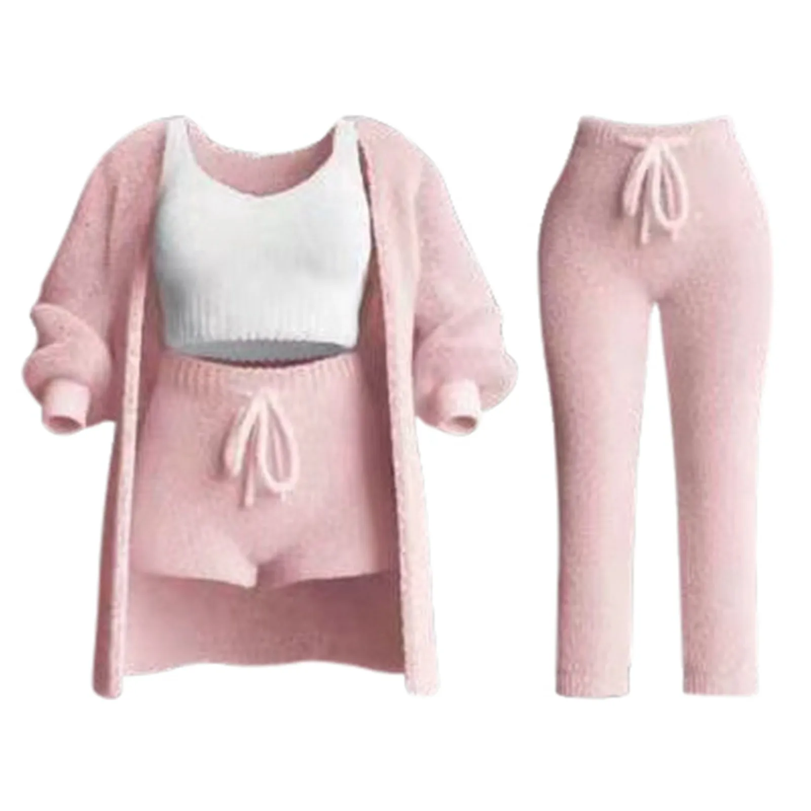 Womens Cosy Knit Set Outfits O Neck Cropped Tank Tops Long Sleeve Fleece Warm Hooded Cardigan Shorts Set Comfortable Loungewear