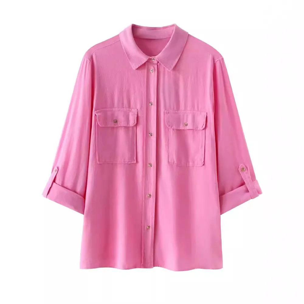 

2024 Summer New Product Women's Fashion Casual Flip Collar Button Pocket Decoration Linen Blended Roll Sleeve Shirt