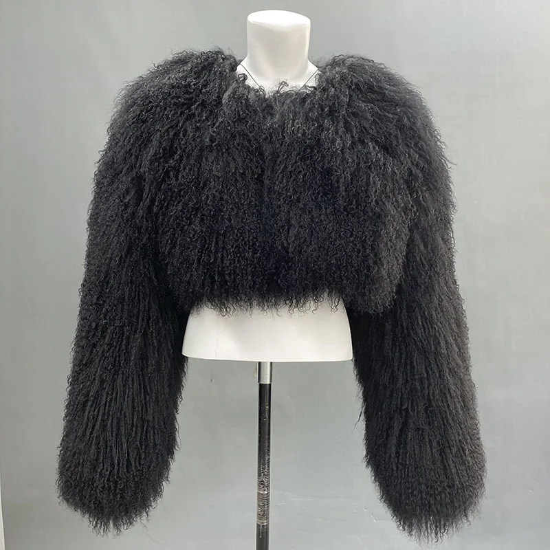 JANEFUR Cropped Real Fur Coat Women Fashion Luxury Mongolian Sheep Fur Jackets Custom Size White Winter Outerwear Short Style